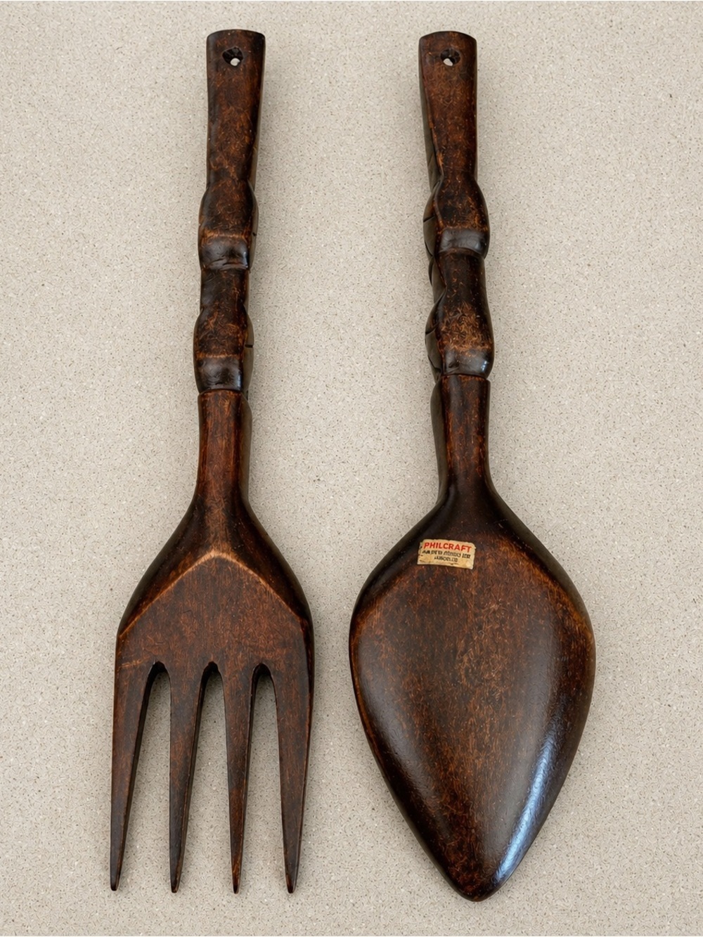 Hand Carved Wooden Fork Spoon Wall Decor Tiki Totem Pole Monkey Pod Wood 19" Vtg - Picture 5 of 7